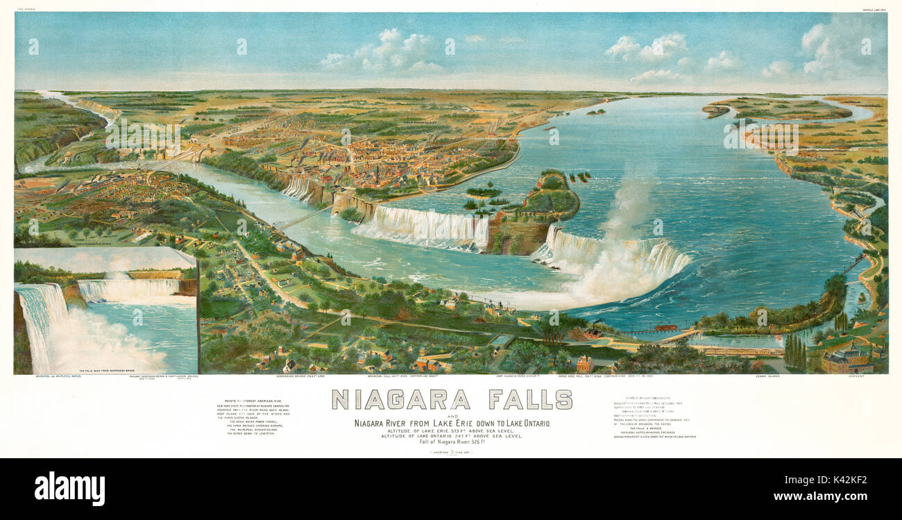 Old aerial view of Niagara Falls. By American Fine Arts & Co., Milwakee, 1893 Stock Photo