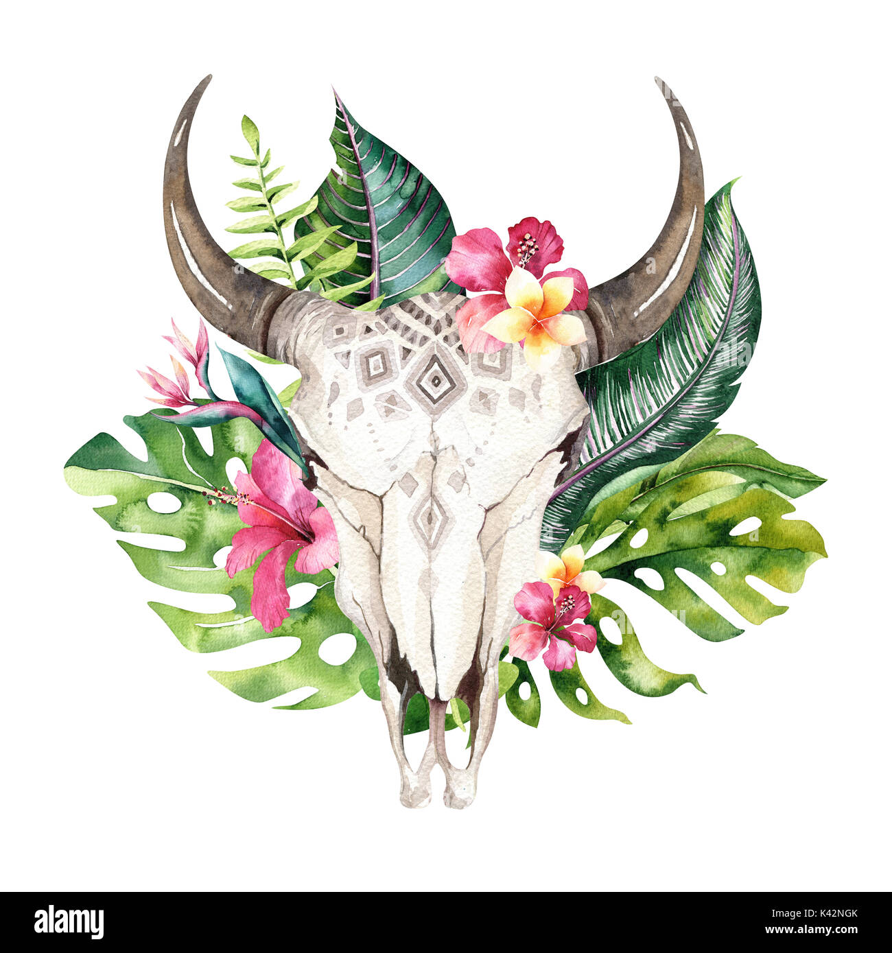 Watercolor bohemian cow skull and tropic palm leaves. Western deer ...