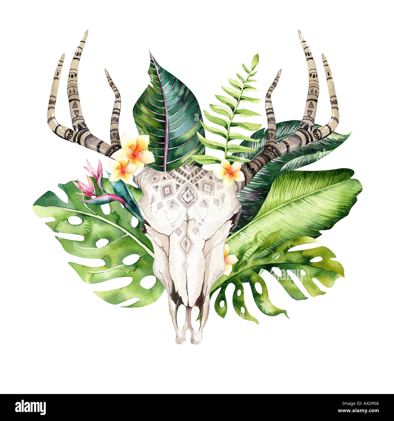 Watercolor bohemian cow skull and tropic palm leaves. Western deer ...