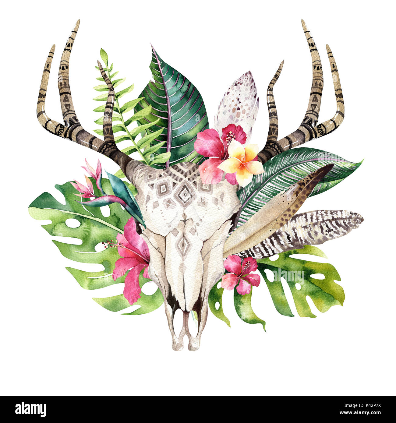 Watercolor bohemian cow skull and tropic palm leaves. Western deer ...