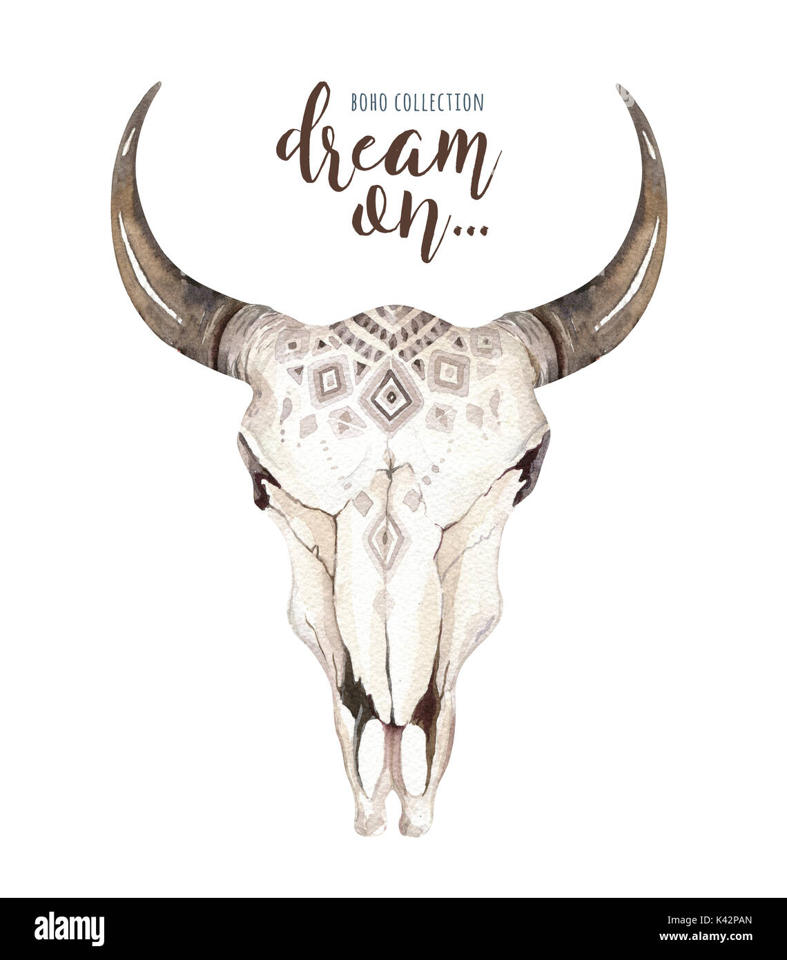Watercolor Bohemian Cow Skull And Tropic Palm Leaves Western Deer