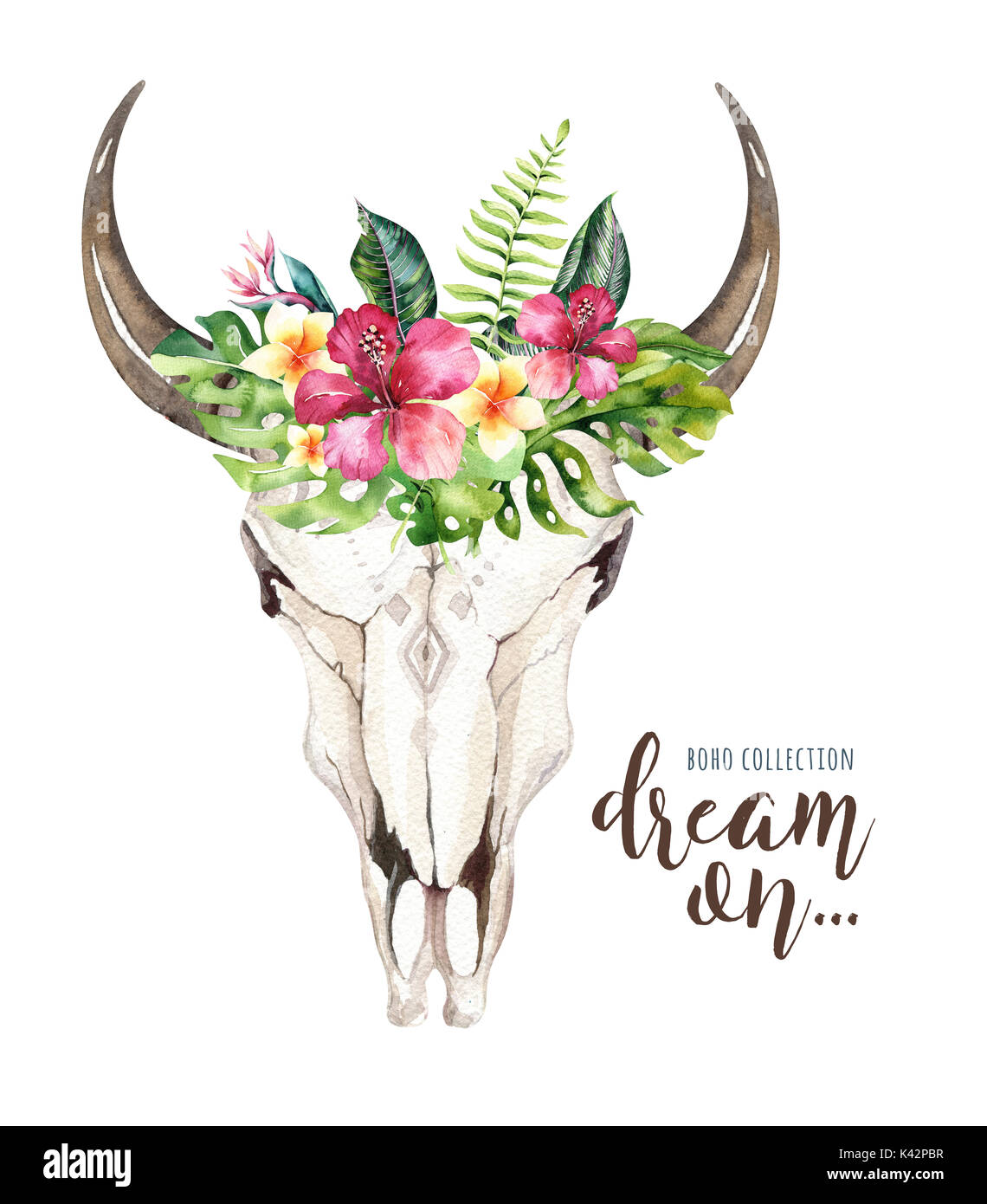 Watercolor bohemian cow skull and tropic palm leaves. Western deer ...