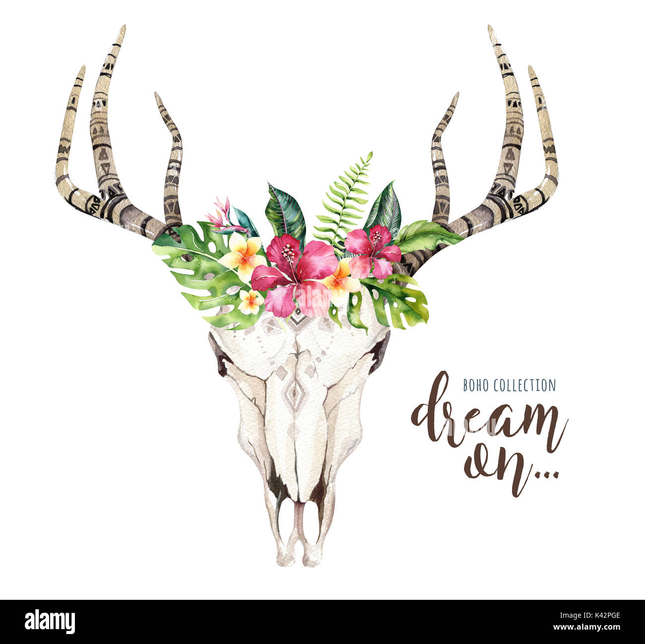 Watercolor Bohemian Cow Skull And Tropic Palm Leaves Western Deer