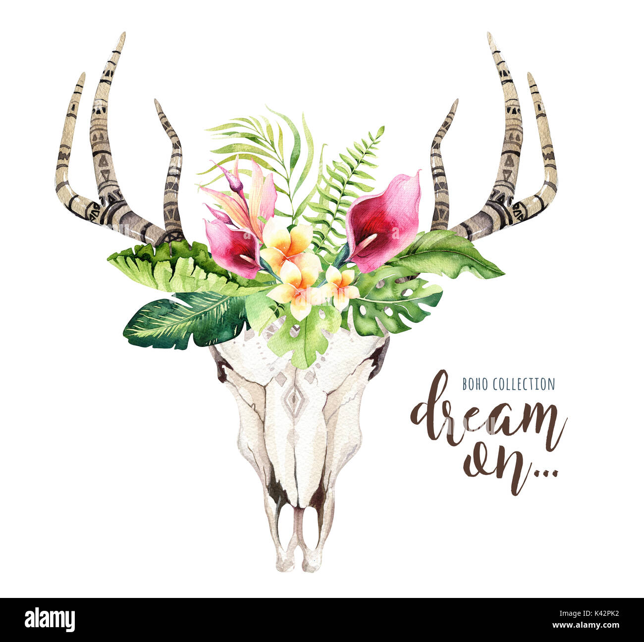 Watercolor Bohemian Cow Skull And Tropic Palm Leaves Western Deer