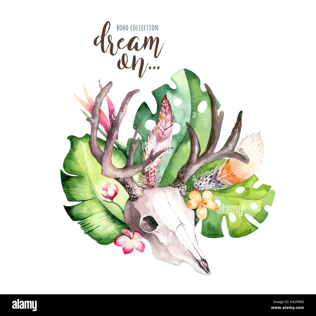 Watercolor bohemian cow skull and tropic palm leaves. Western deer ...