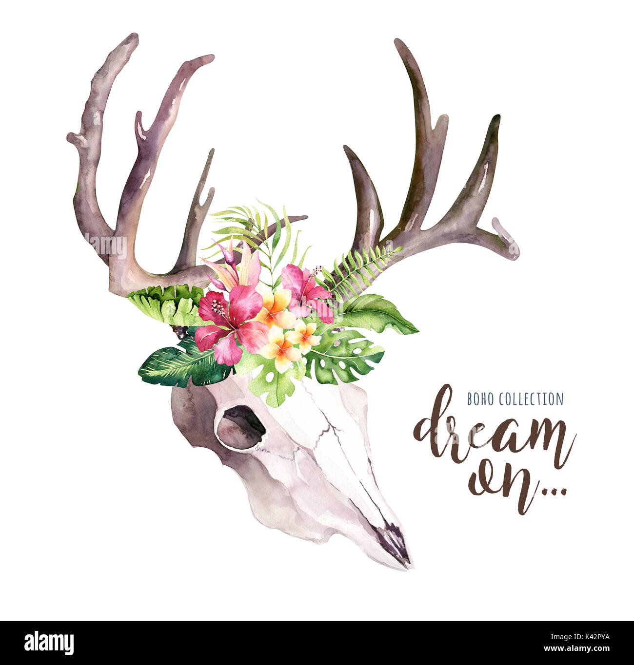 Watercolor Bohemian Cow Skull And Tropic Palm Leaves Western Deer