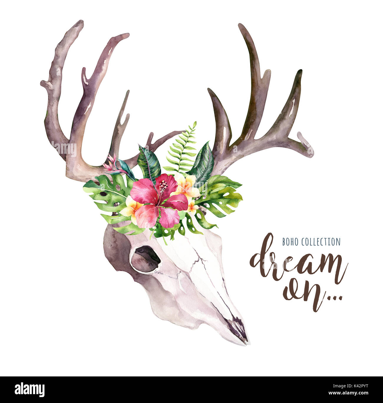 Watercolor Bohemian Cow Skull And Tropic Palm Leaves Western Deer