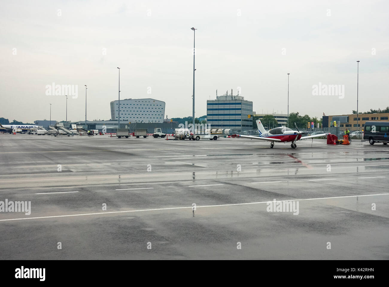 Runway of Eindoven Airport, small aircraft parked. Eindhoven, North Brabant, Netherlands. Stock Photo