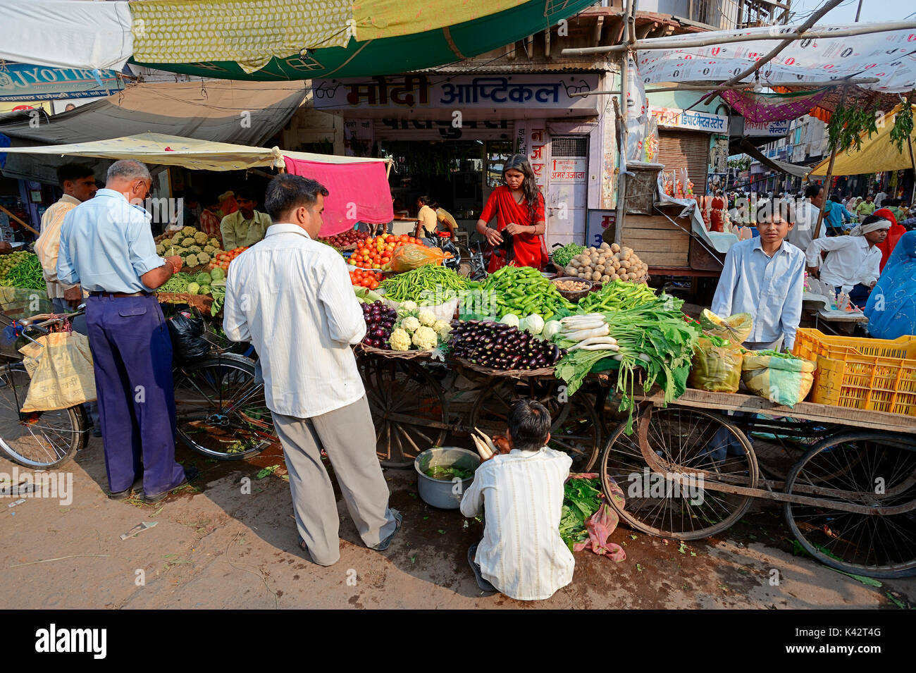 Market stall with vegetables, Bharatpur, Rajasthan, India | Marktstand mit Gemuese, Bharatpur, Rajasthan, Indien Stock Photo