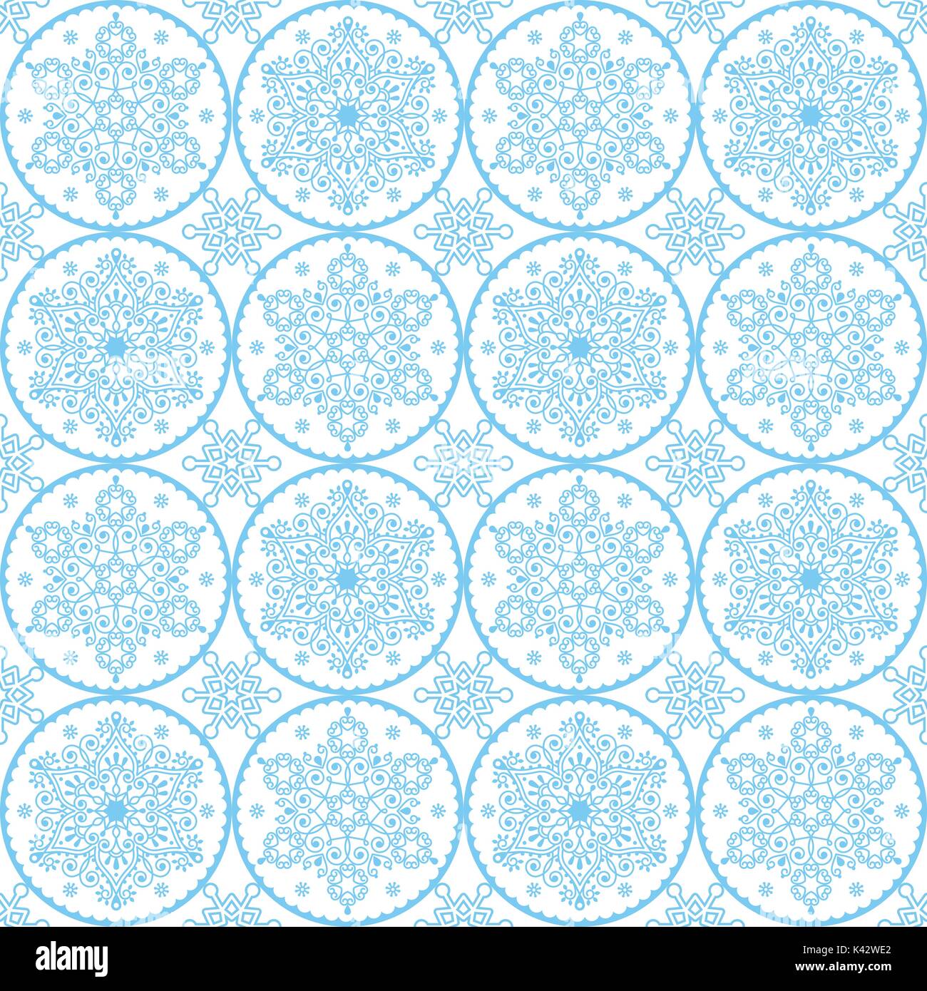 Christmas vector folk art pattern - blue snowflakes seamless design, Scandinavian style Xmas wallpaper, wrapping paper or textile Stock Vector