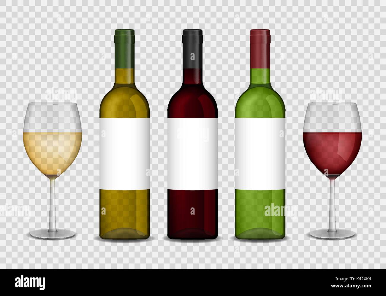 Transparent wine bottles and wineglasses mockup. red and white wine in bottle and glasses isolated. Vector illustration. Stock Vector