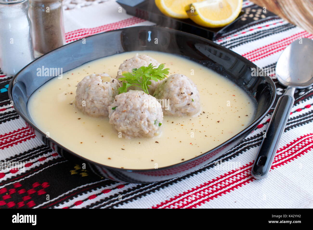 Meatballs with mint and rice in a lemonegg sauce. Traditional Greek