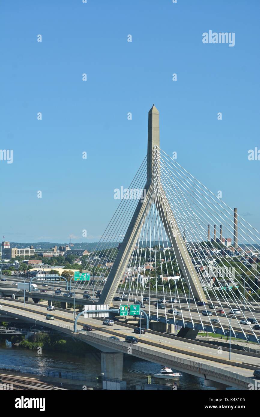 The Zakim Bridge seen from above span the Charles River between Boston