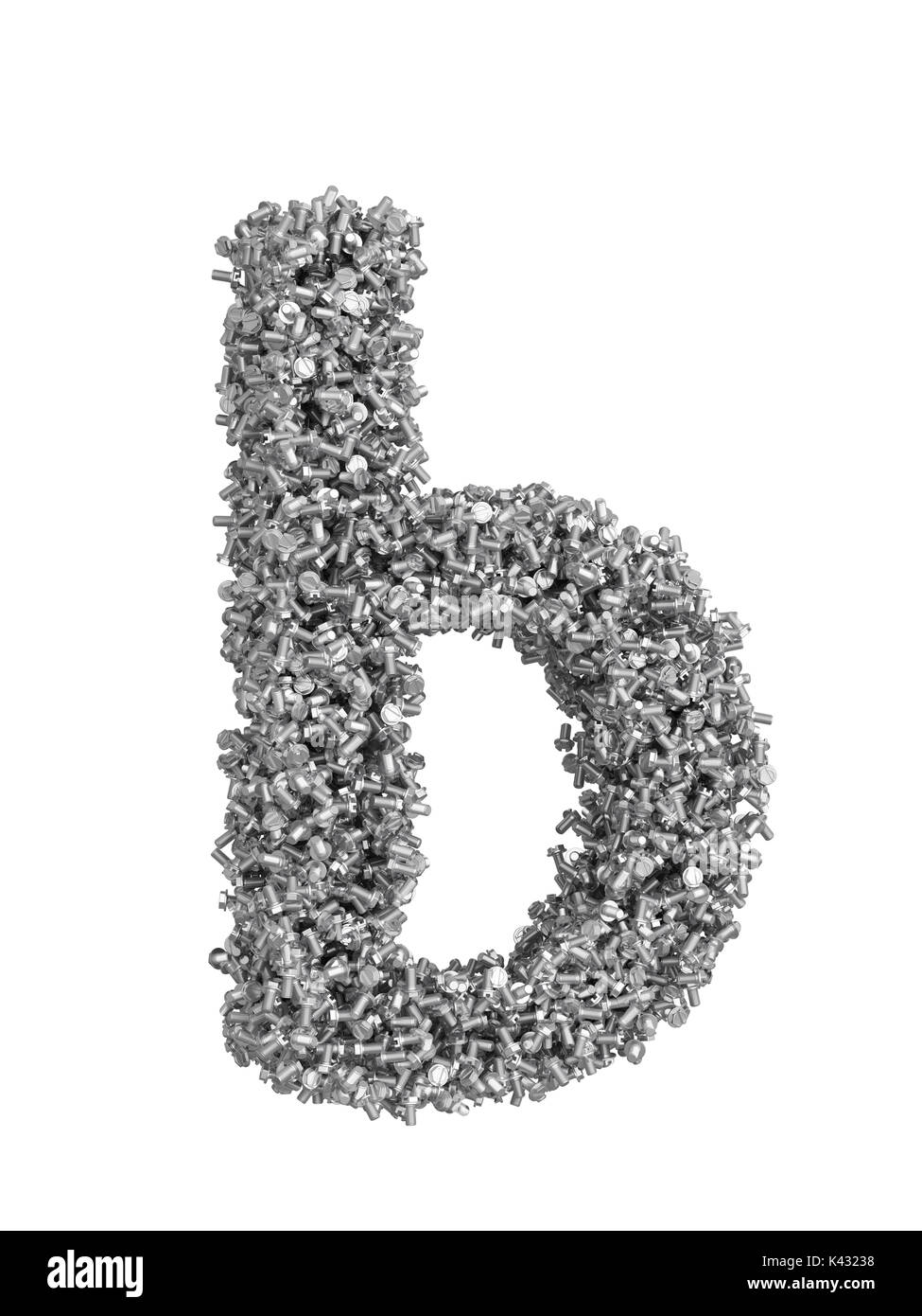 3D render of silver or grey alphabet make from bolts. small letter b with clipping path. Isolated on white background Stock Photo
