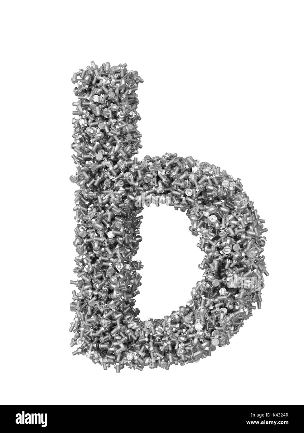 3D render of silver or grey alphabet make from bolts. small letter b with clipping path. Isolated on white background Stock Photo