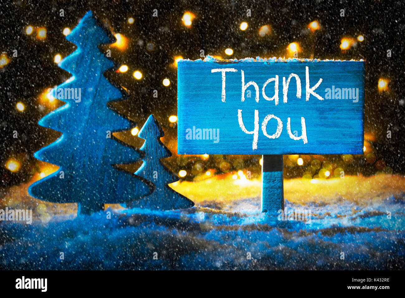Blue Christmas Tree, Text Thank You, Snowflakes Stock Photo