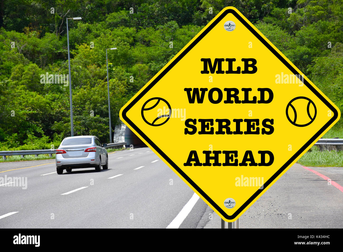MLB World Series ahead, yellow warning road sign Stock Photo