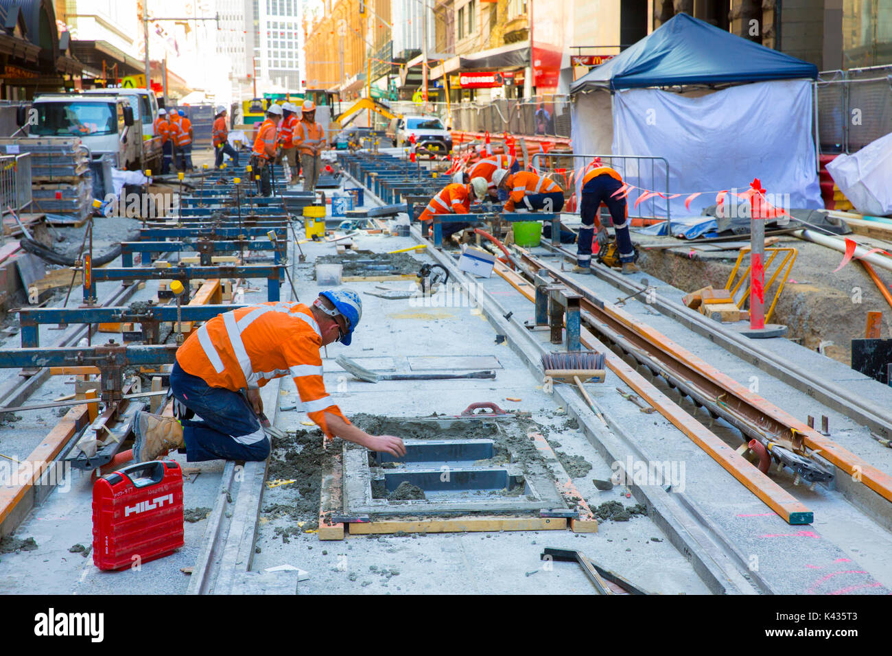 Construction engineering work on the Sydney CBD light rail project in George street,Sydney,Australia Stock Photo