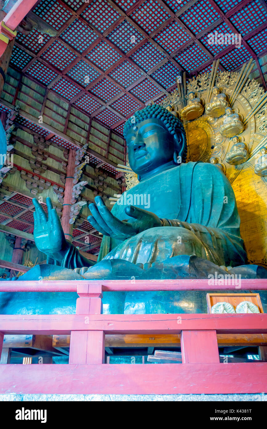 Nara, Japan - July 26, 2017: The large Buddha statue inside the Daibutsuden in Todai-ji temple, Nara - Japan Stock Photo