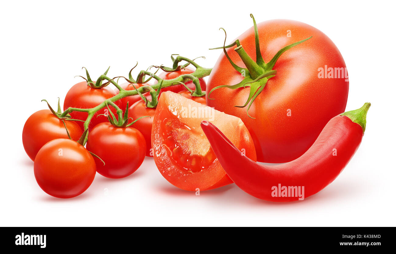 Whole fresh red tomato with green leaf, slice, branch of cherry tomatoes and chili pepper isolated on white background Stock Photo