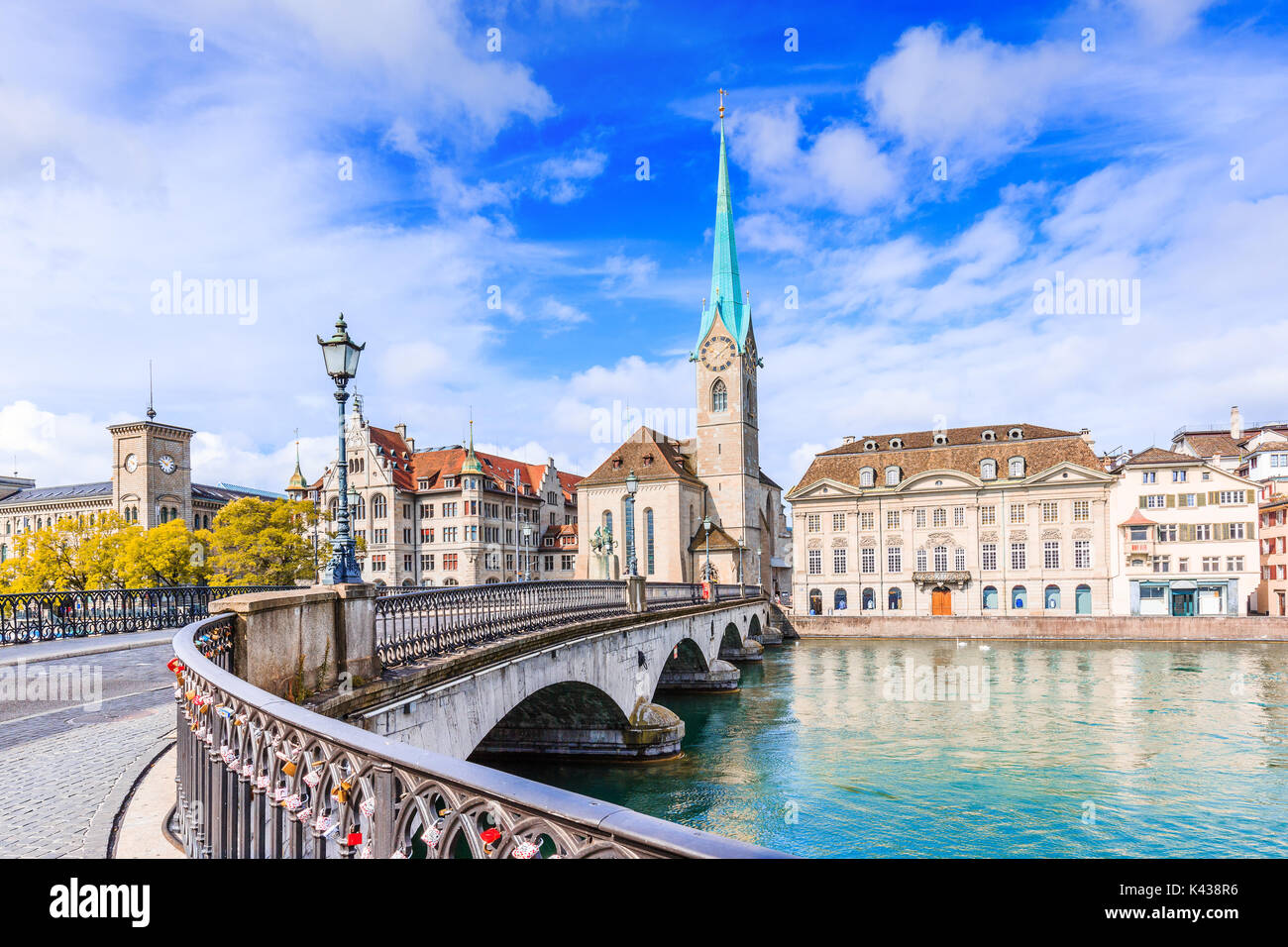 Zurich, Switzerland. View of the historic city center with famous Fraumunster Church, on the Limmat river. Stock Photo