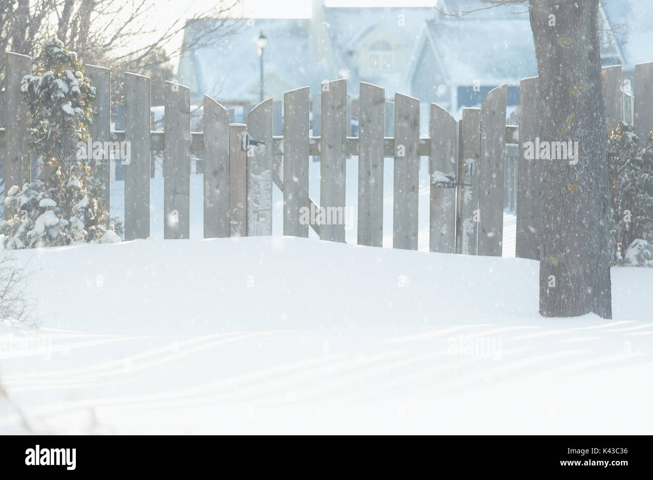 Snow falling near a garden gate in a residential neighborhood. Stock Photo