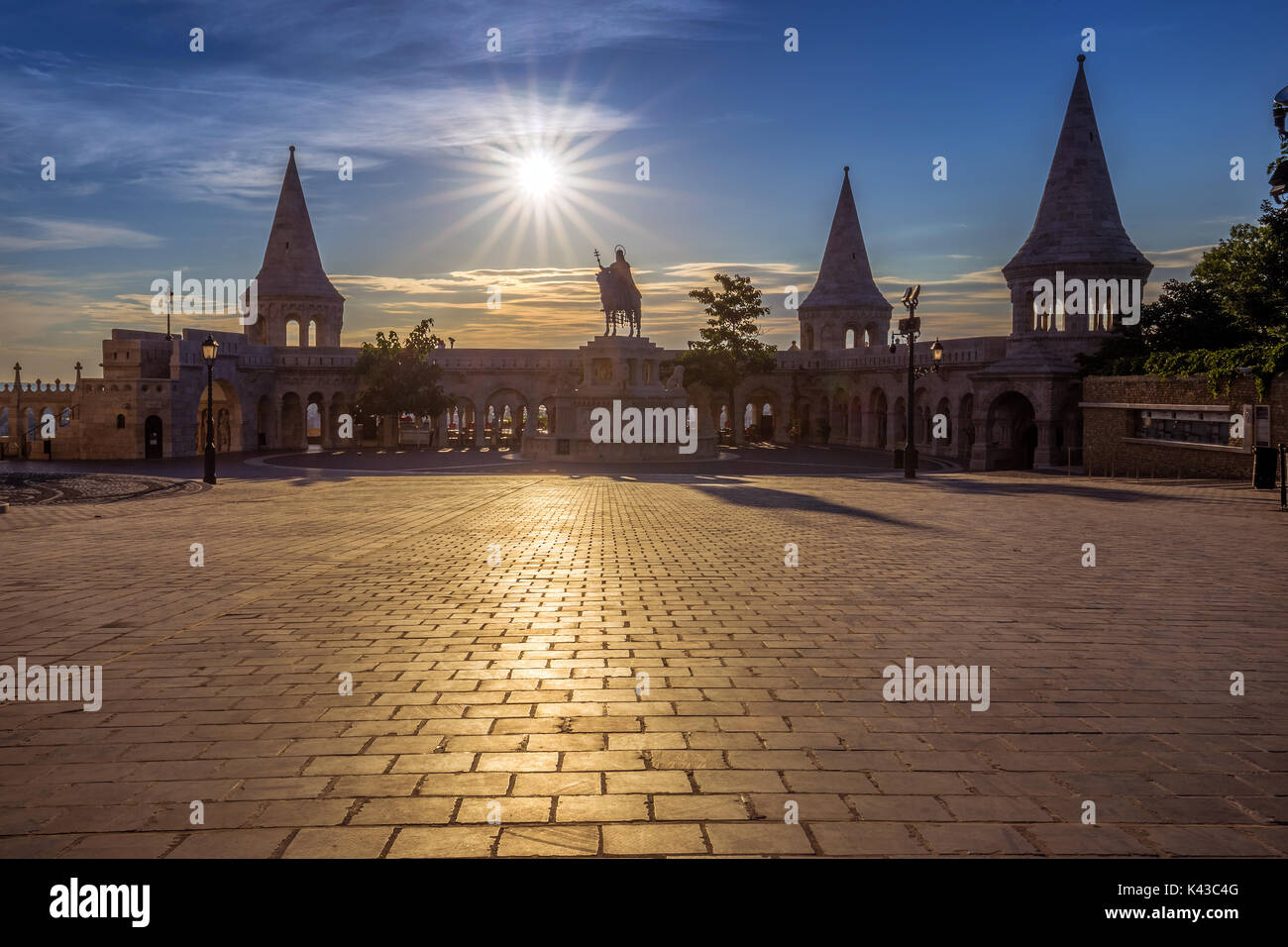 Budapest, Hungary - Sunrise at Fisherman Bastion (Halaszbastya) with St.Stephen's statue Stock Photo