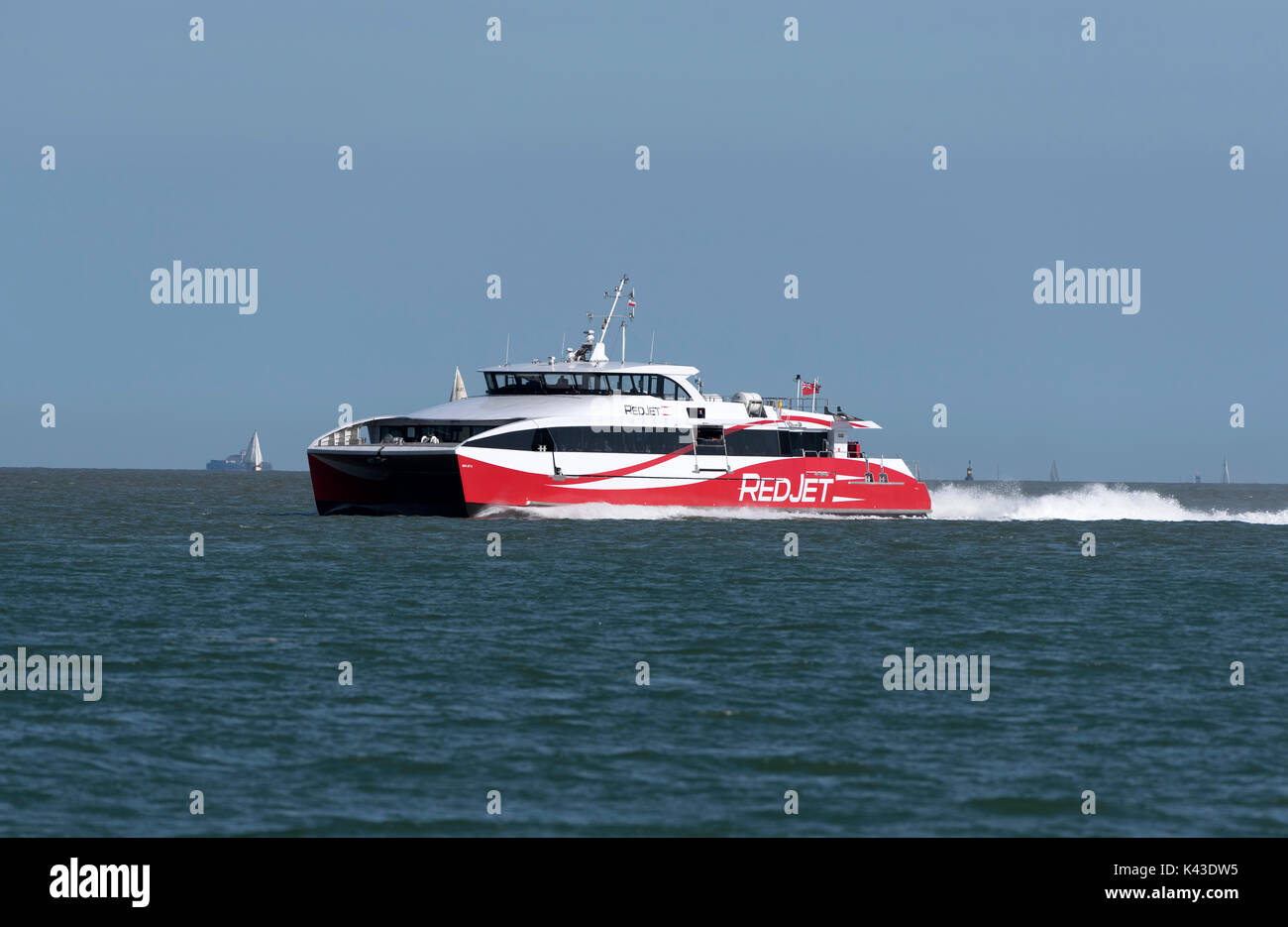 Southampton Water southern England UK. August 2017. Passenger ferry Red Jet 6 inbound to Southampton from Ryde Isle of Wight. Stock Photo