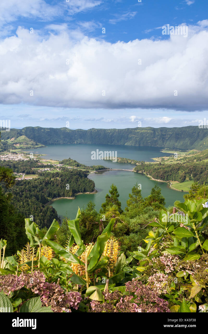Lagoa Azul and Lagoa Verde with Ginger Lilys, Sao Miguel, Azores Stock Photo