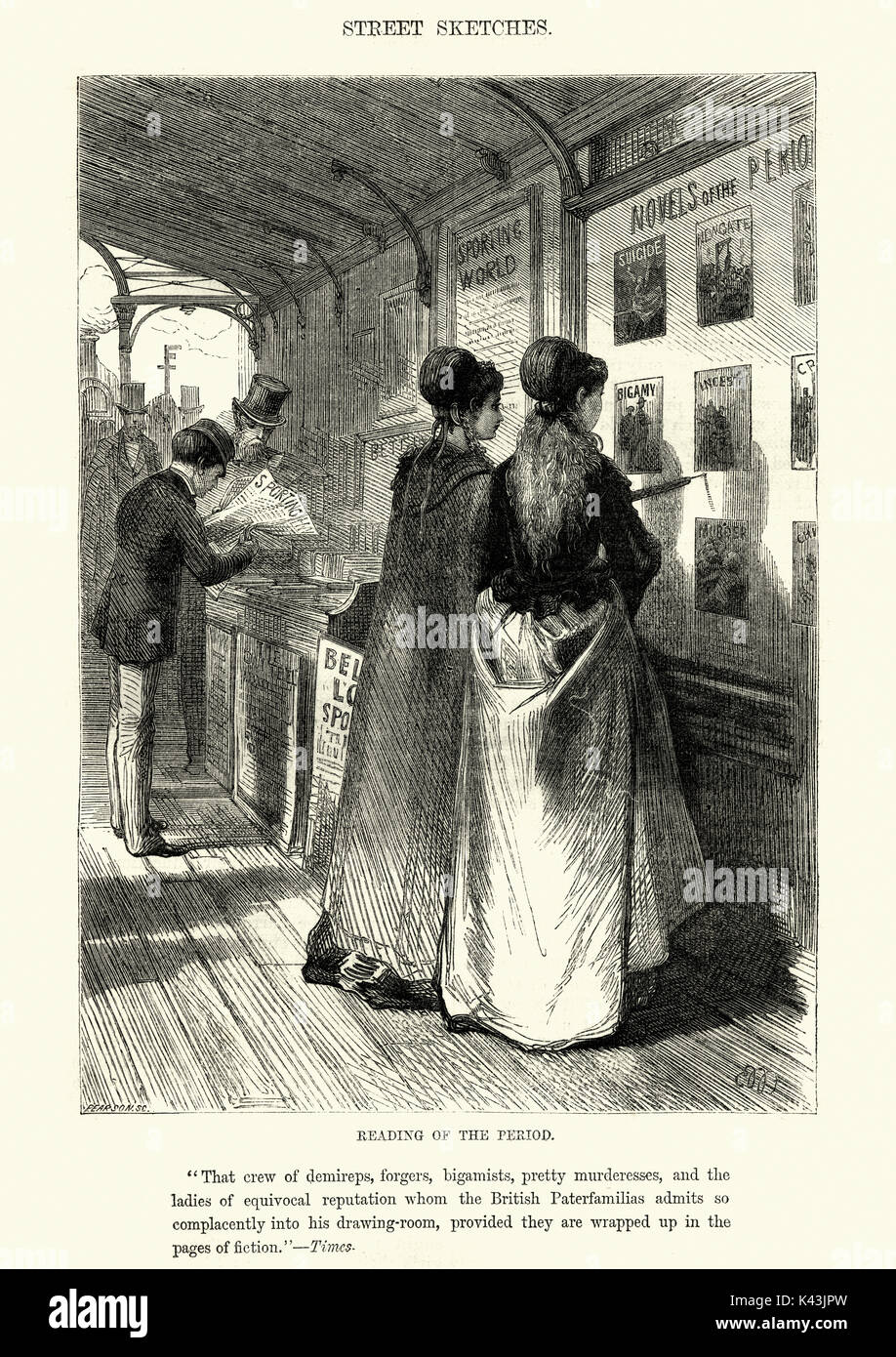 Vintage engraving of Young victorian woman reading adverts for Penny dreadful books, 1870 Stock Photo