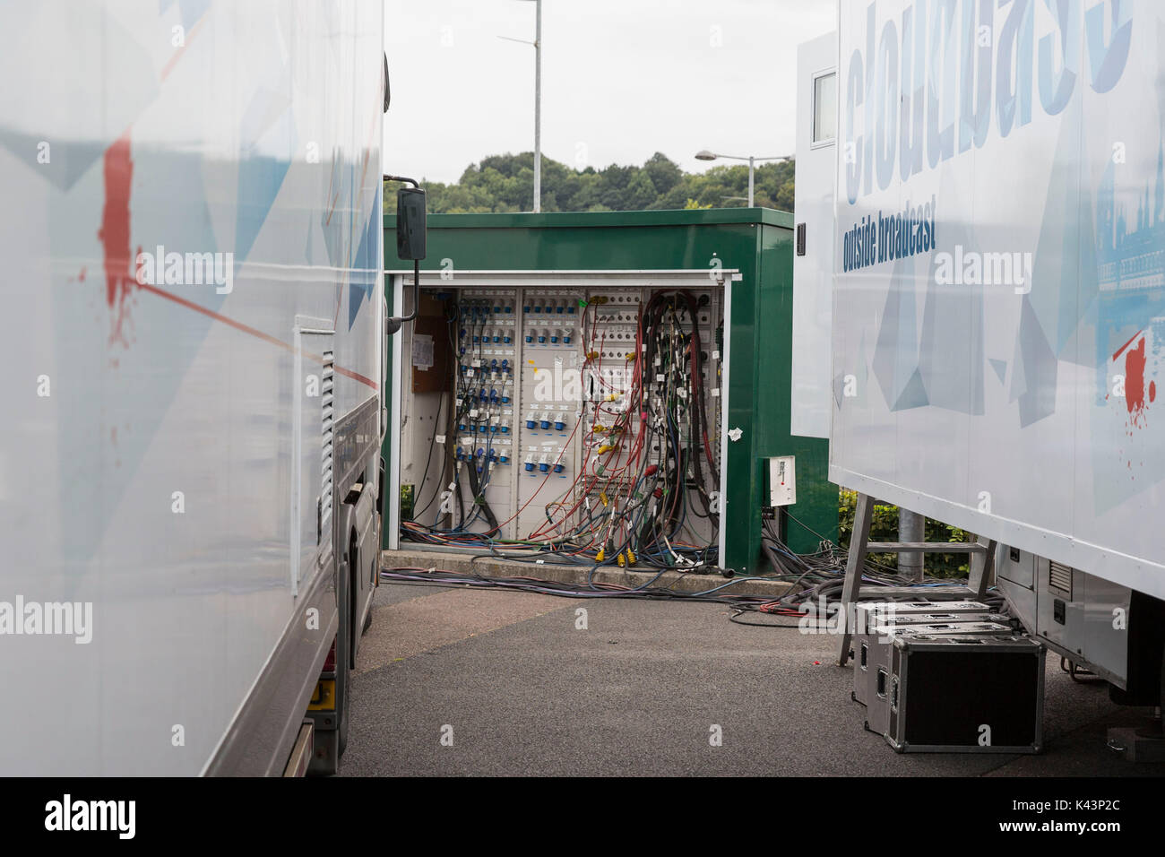 An electric unit serving outside broadcast vehicles at Cardiff City