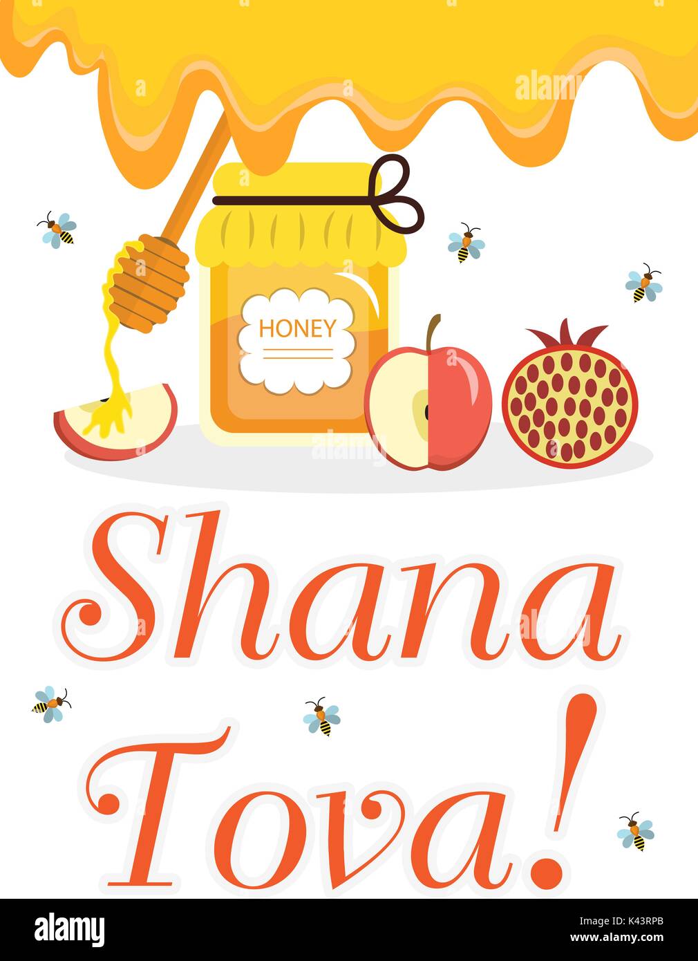 Greeting card for the Jewish New Year Rosh Hashanah, Shana Tova. Honey and apples, pomegranates. Vector illustration Stock Vector