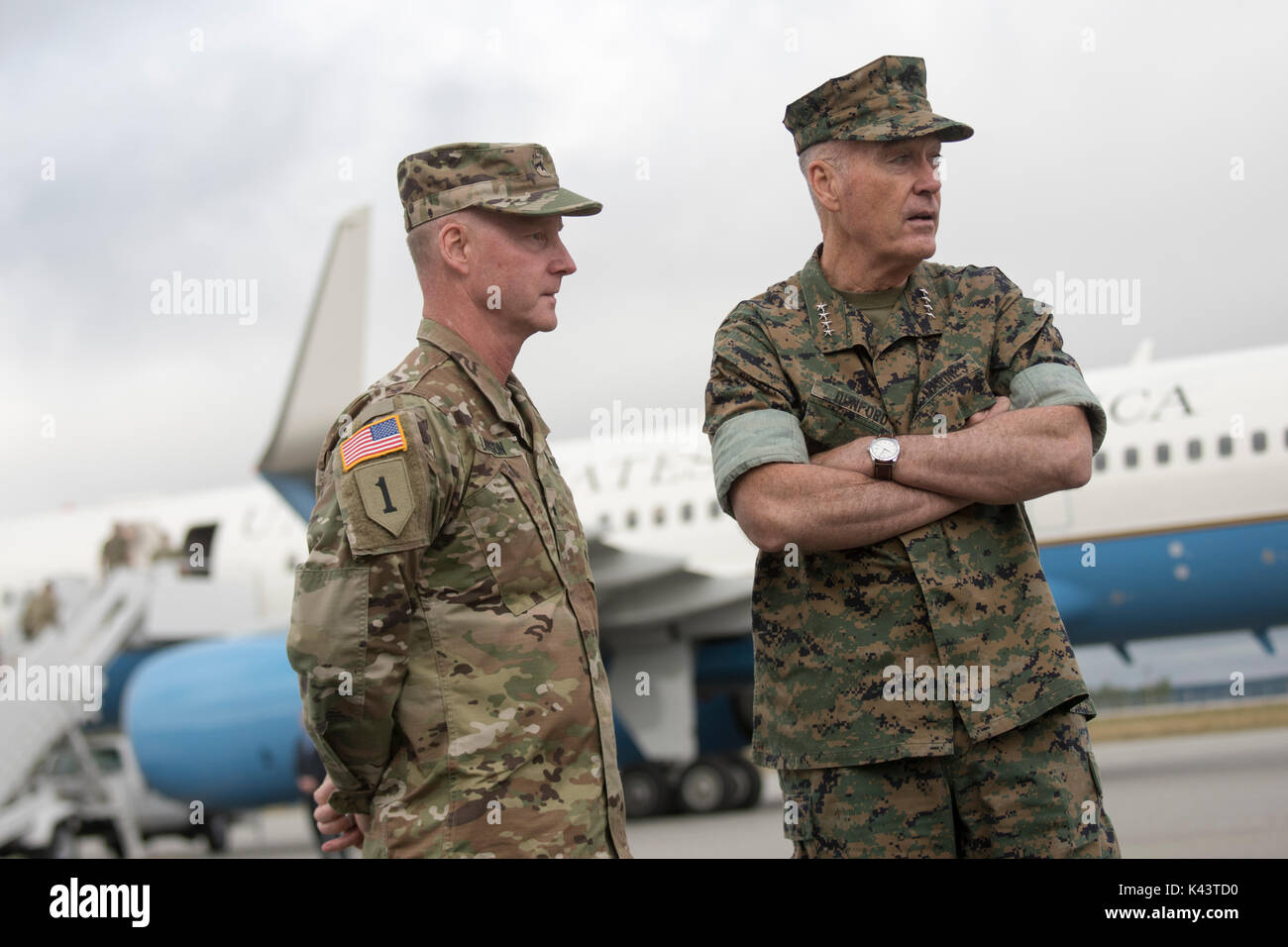 U.S. Army Space and Missile Defense Command Deputy Commanding General Tim Lawson (left) speaks with U.S. Joint Chiefs of Staff Chairman Joseph Dunford at Fort Greely August 19, 2017 near Fairbanks, Alaska.  (photo by PO1 Dominique A. Pineiro  via Planetpix) Stock Photo