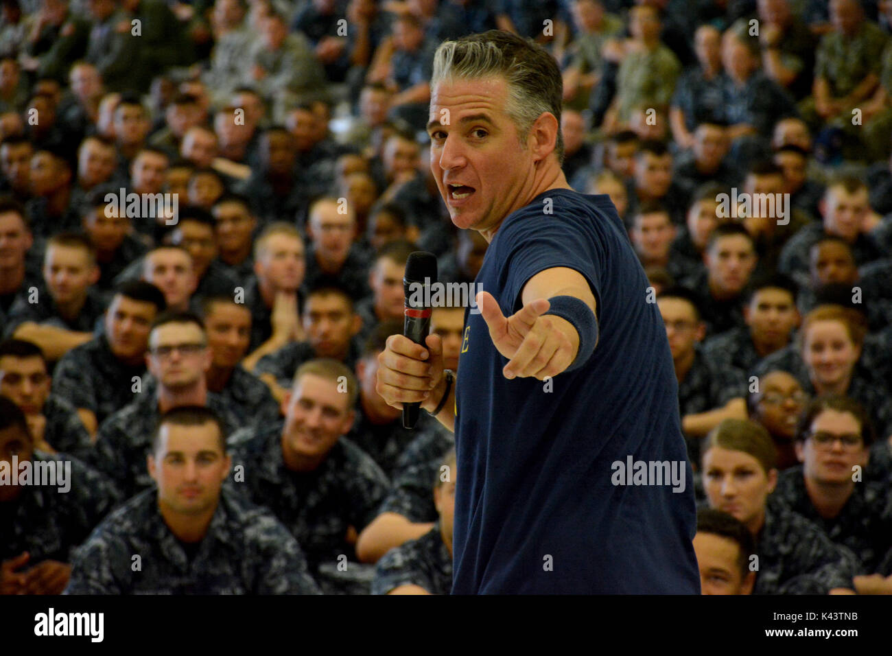 Motivational speaker Jeremy Bates performs his Hope Dealer act to junior U.S. Marines, sailors, and U.S. Air Force students at the Naval Air Station Pensacola Charles Taylor Hangar August 23, 2017 in Pensacola, Florida.  (photo by Bruce Cummins via Planetpix) Stock Photo