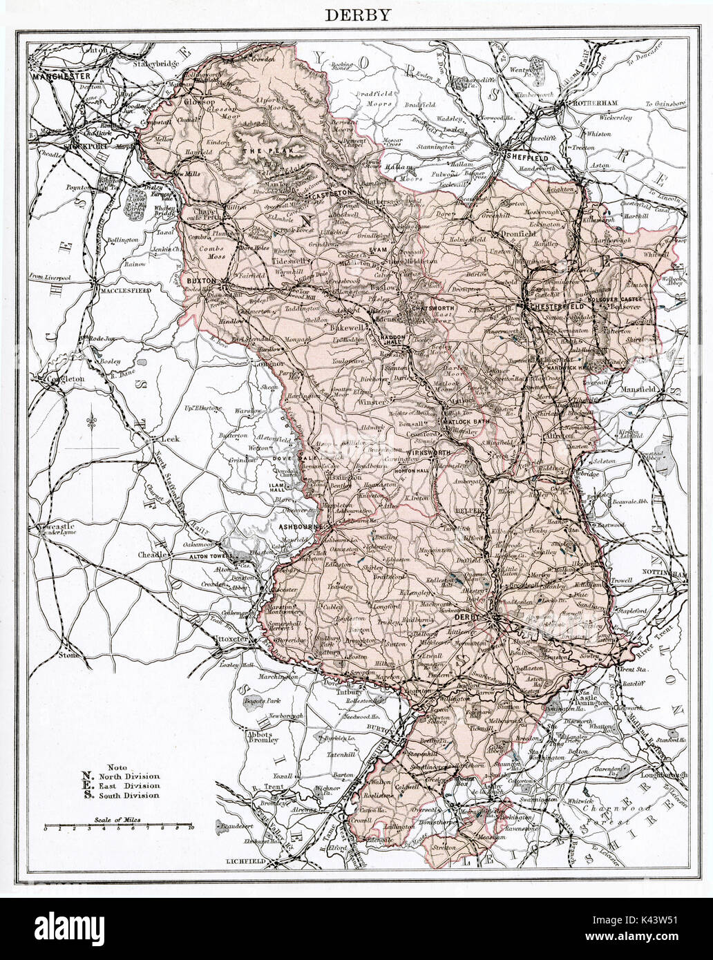 Antique map, circa 1875, of Derbyshire Stock Photo