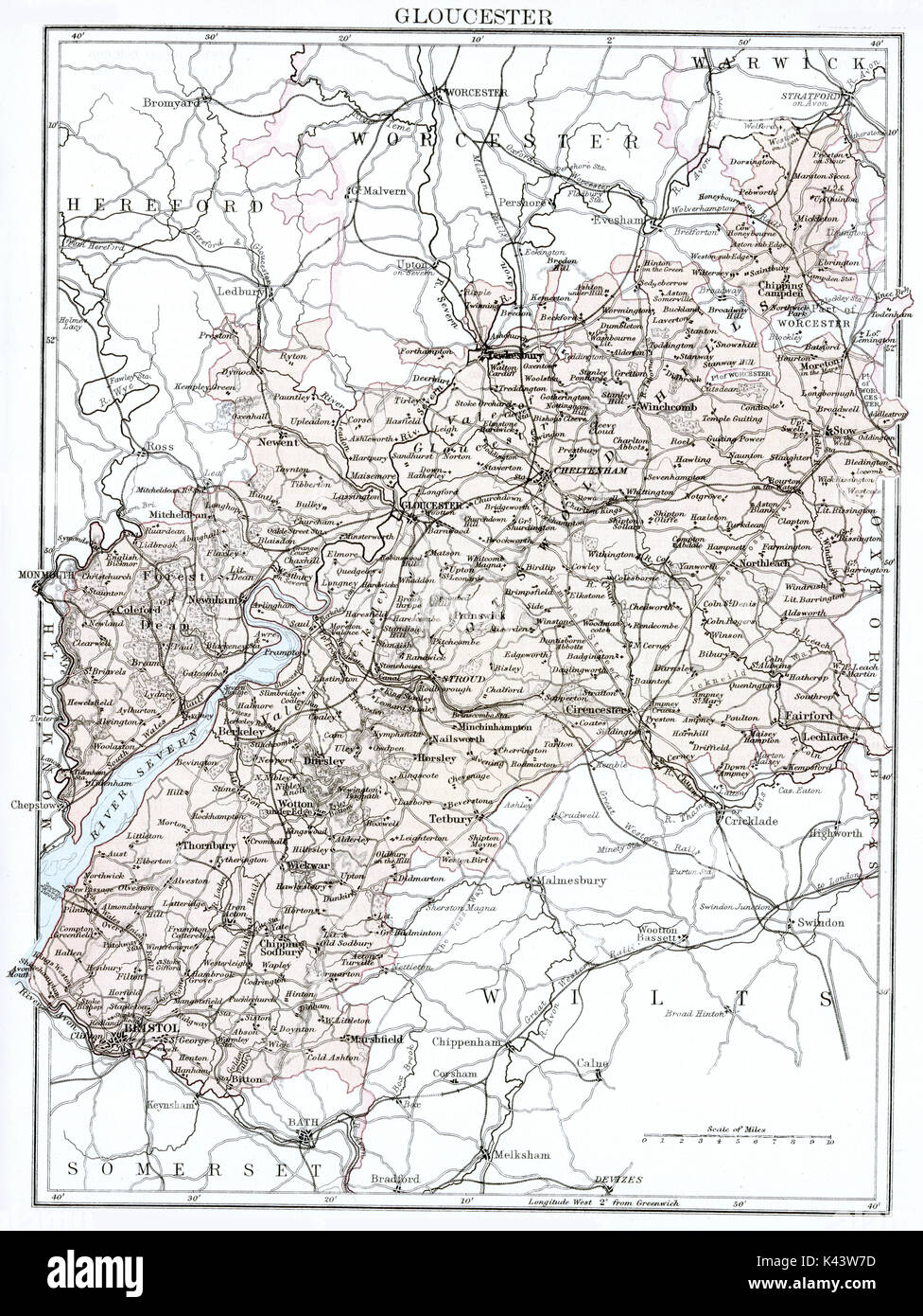 Antique map, circa 1875, of Gloucestershire Stock Photo