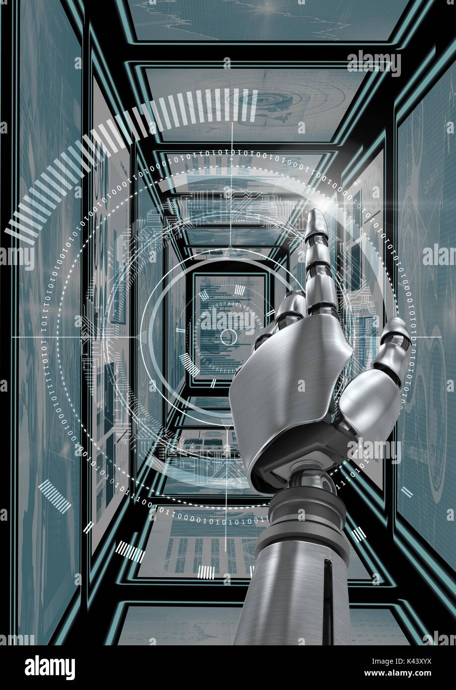Digital composite of Robot hand interacting with technology interface ...