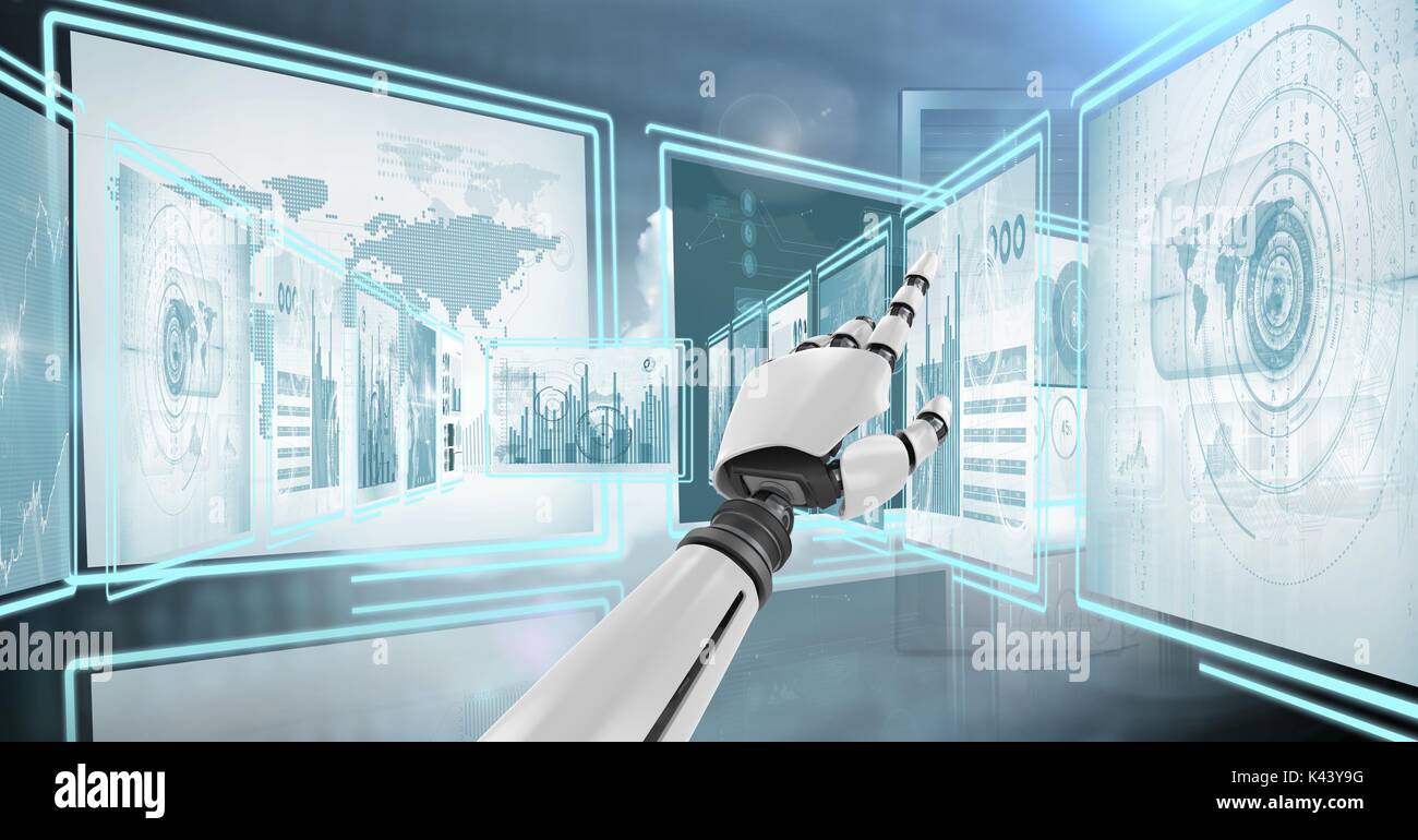 Digital composite of Robot hand interacting with technology interface panels Stock Photo