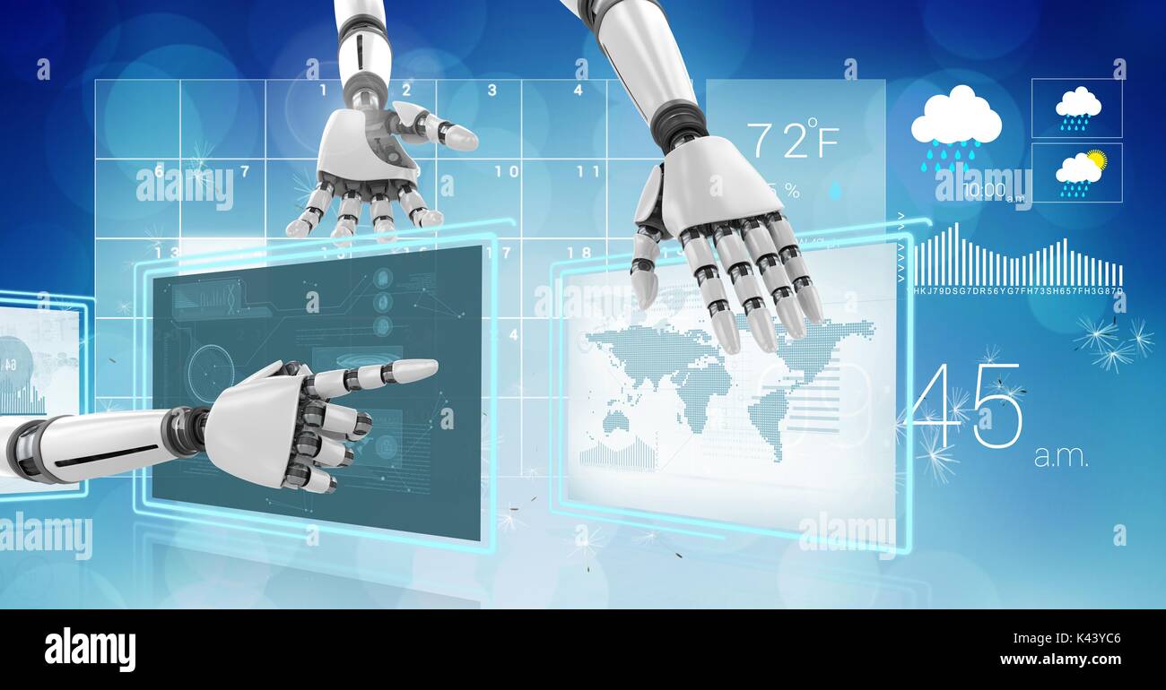 Digital composite of Robot hands interacting with technology interface ...