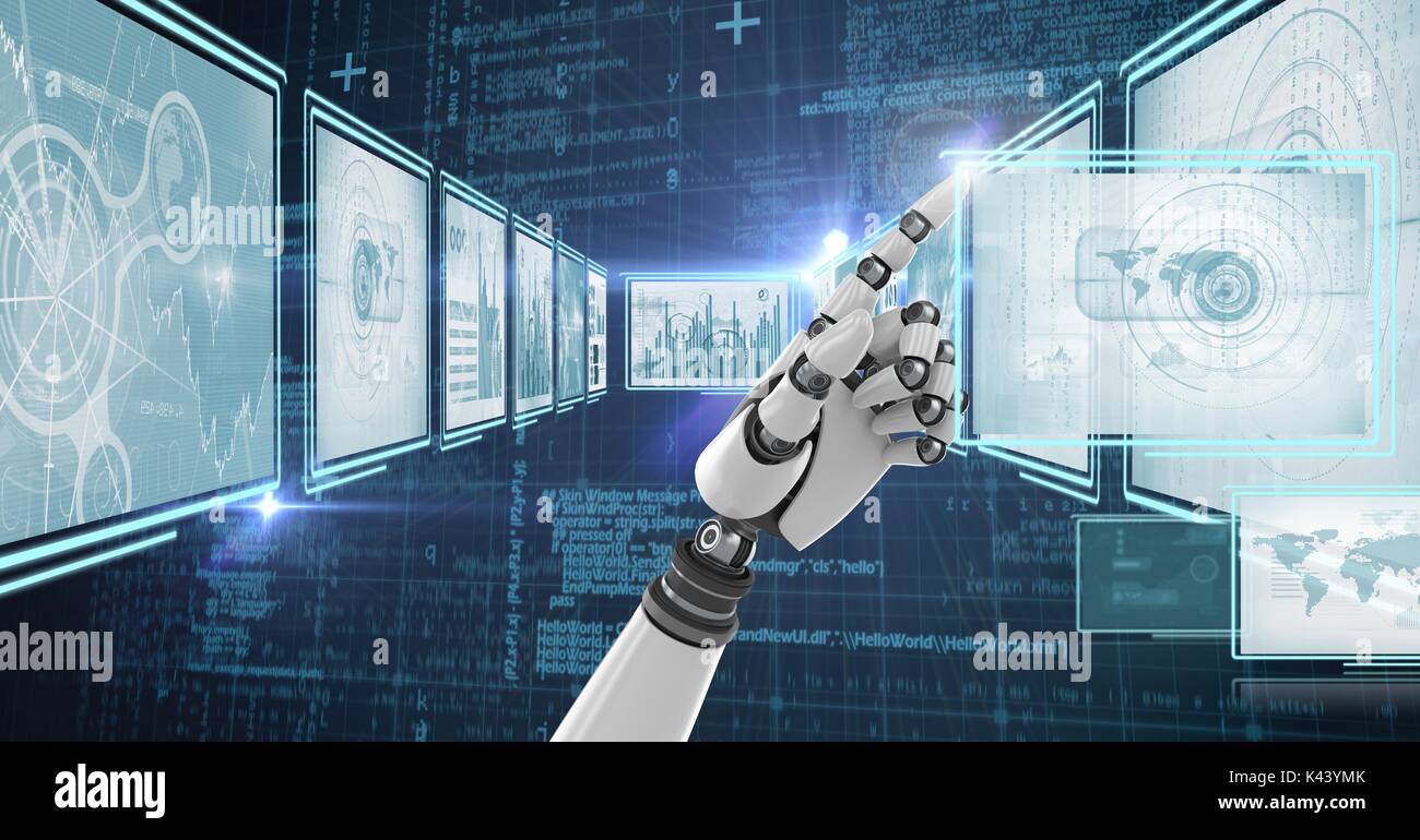 Digital composite of Robot hand interacting with technology interface ...