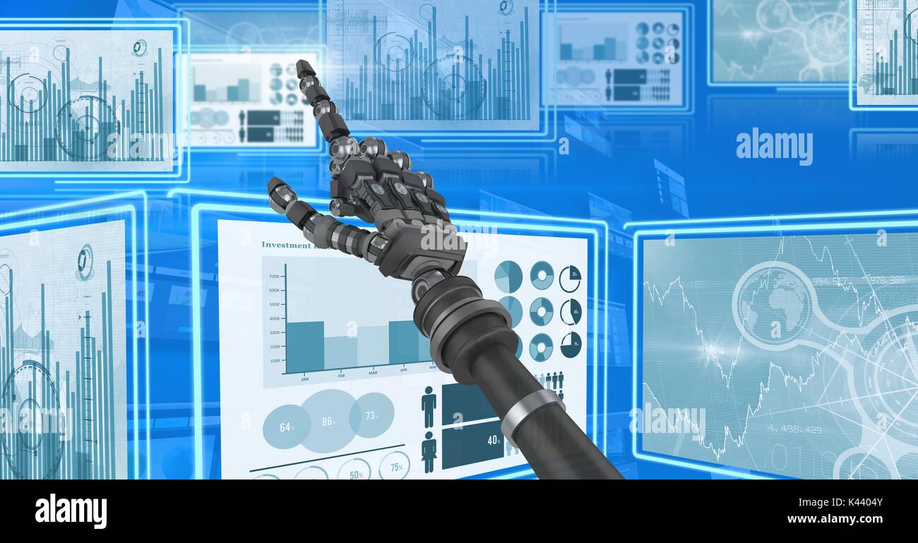 Digital composite of Robot hand interacting with technology interface ...