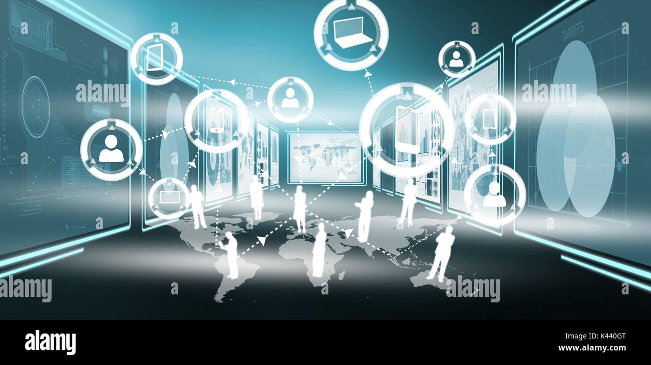 Digital image of business diagrams against community interface Stock ...