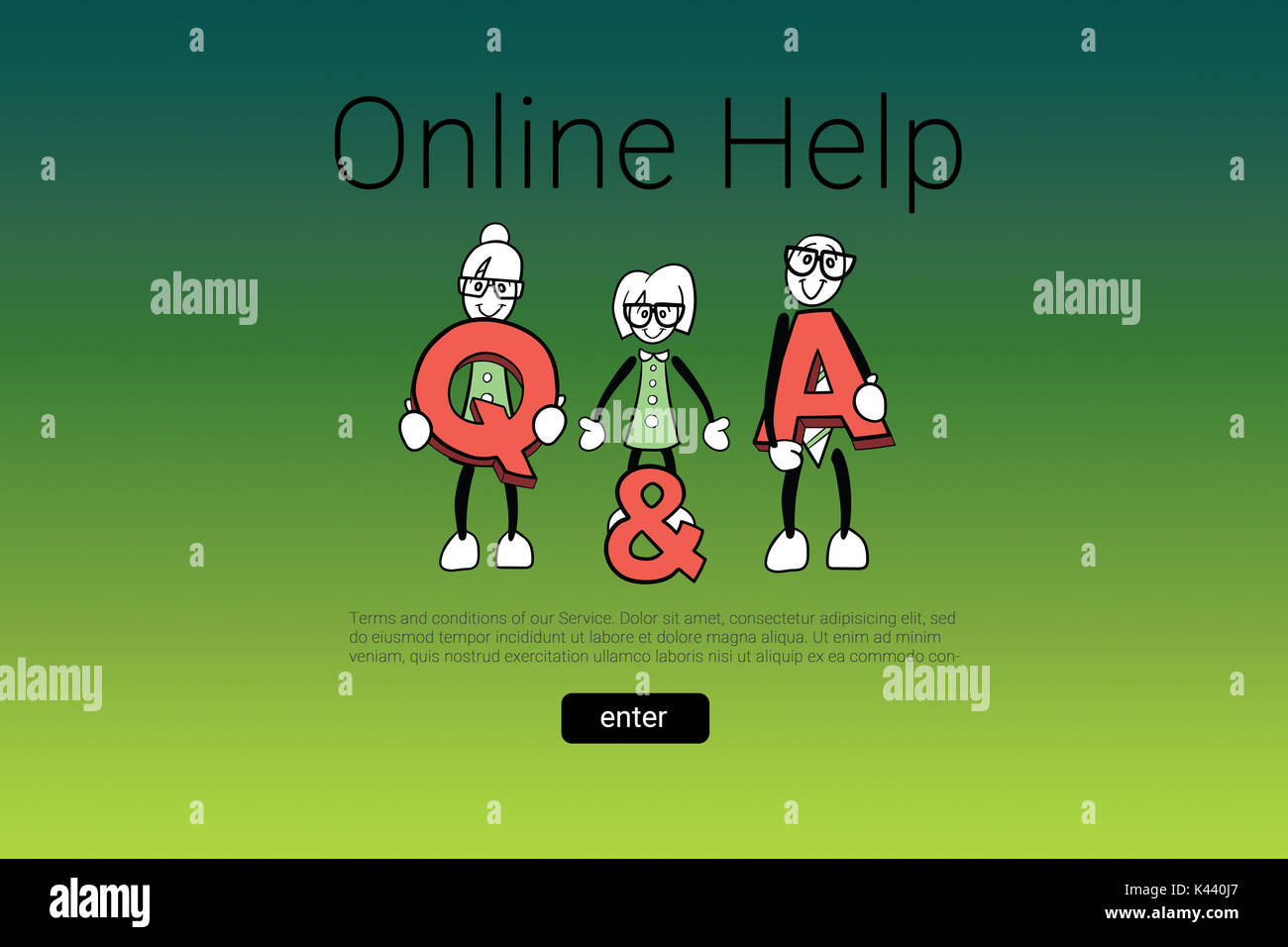 Human representations with letters and online help text against green abstract background Stock Photo