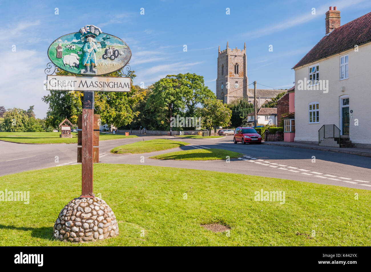 The village sign of Great Massingham in Norfolk , England , Britain , Uk Stock Photo