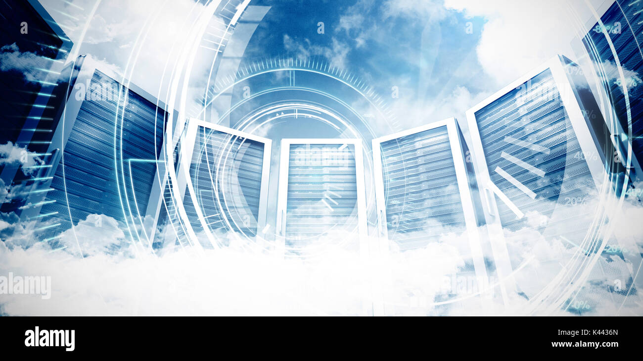 Circle interface with percentage in blue background against servers in the clouds Stock Photo