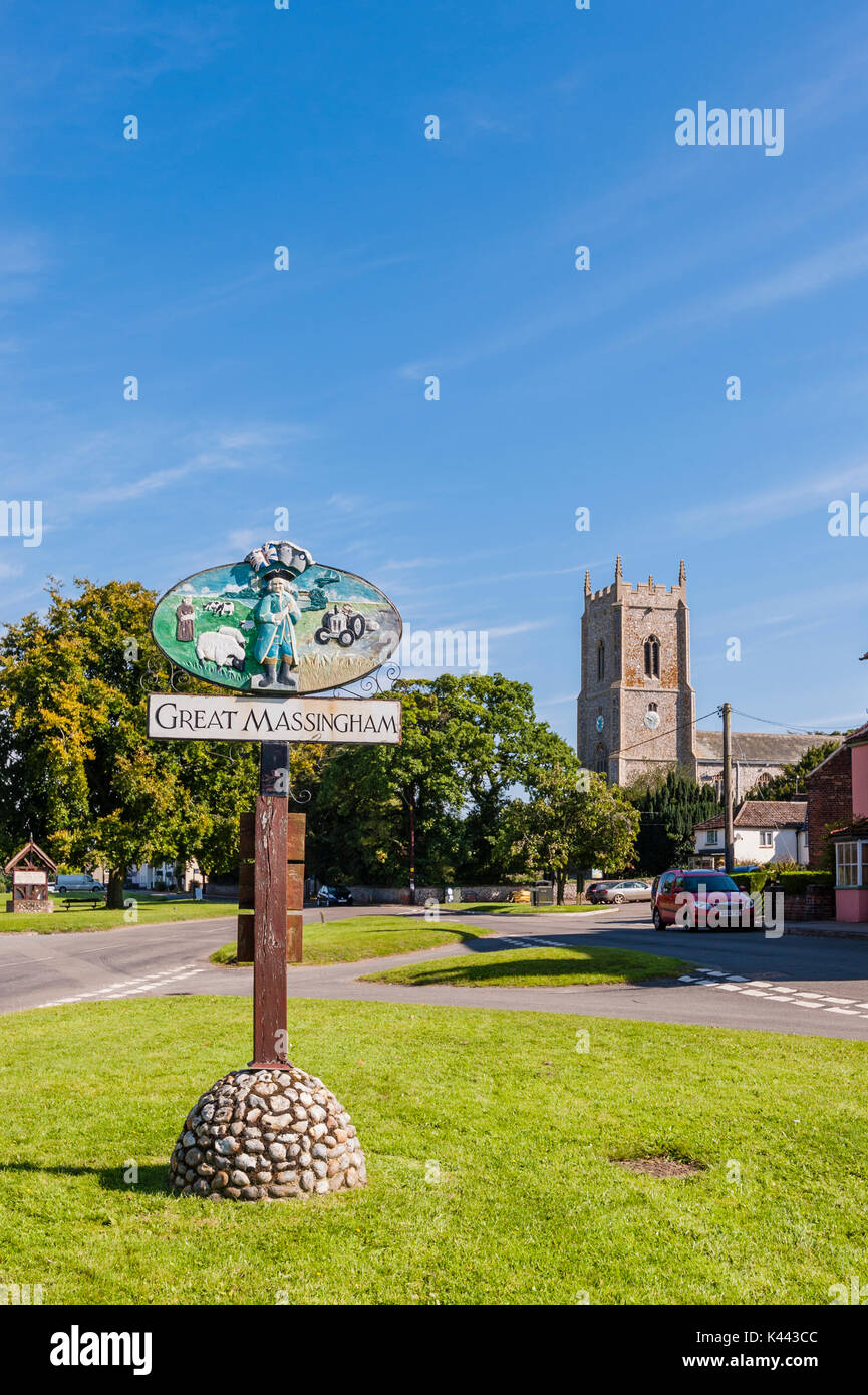 The village sign of Great Massingham in Norfolk , England , Britain , Uk Stock Photo