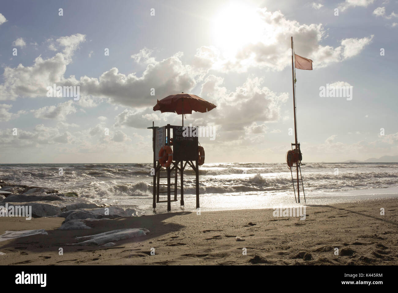MARINA DI MASSA, ITALY - AUGUST 17 2015: Sunset view of a lifeguard tower at sunset time in Versilia, Italy Stock Photo