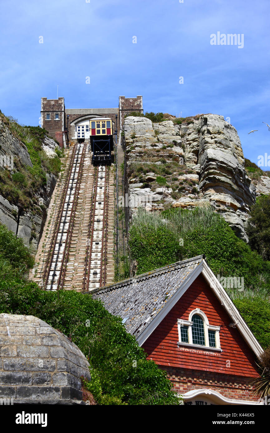 East Hill Lift funicular railway and part of station building in Old Town, Rock-A-Nore Road, Hastings, East Sussex, England Stock Photo