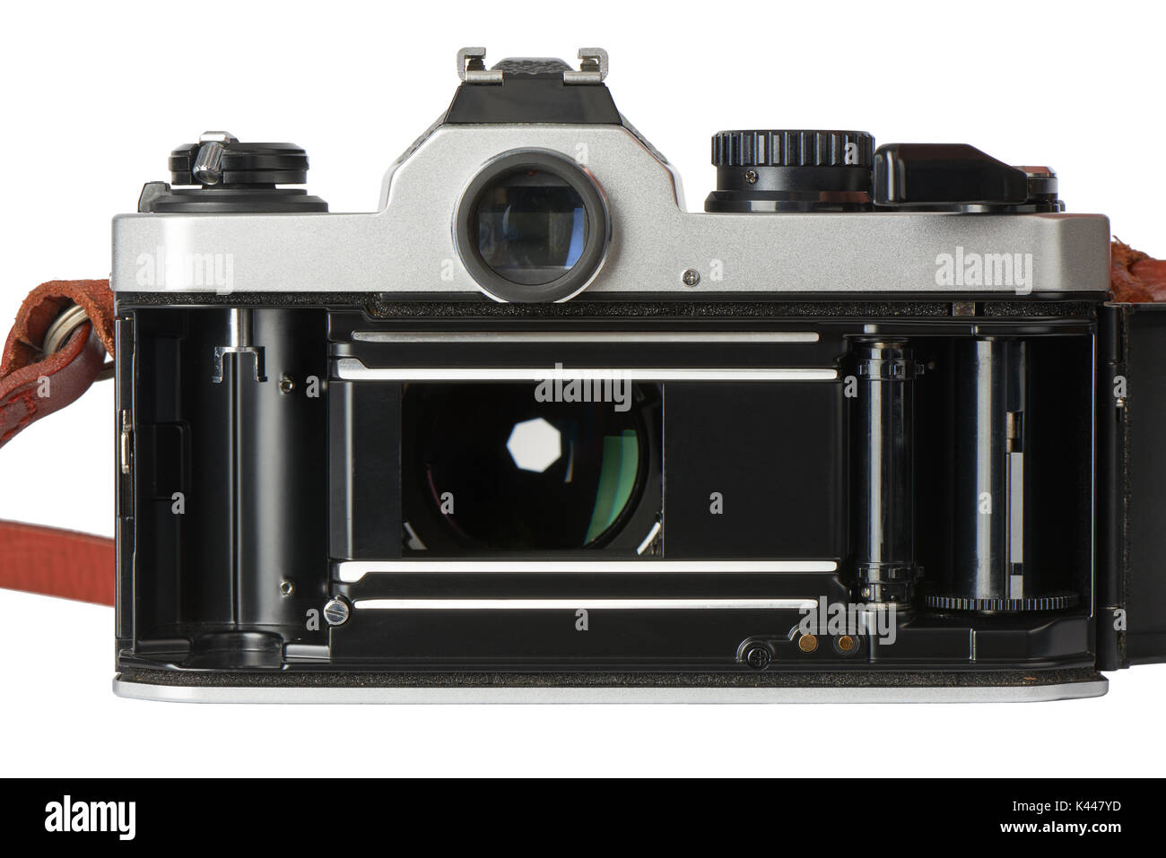 The back of the film camera with the cover opened. There is a film cartridge, shutter curtains