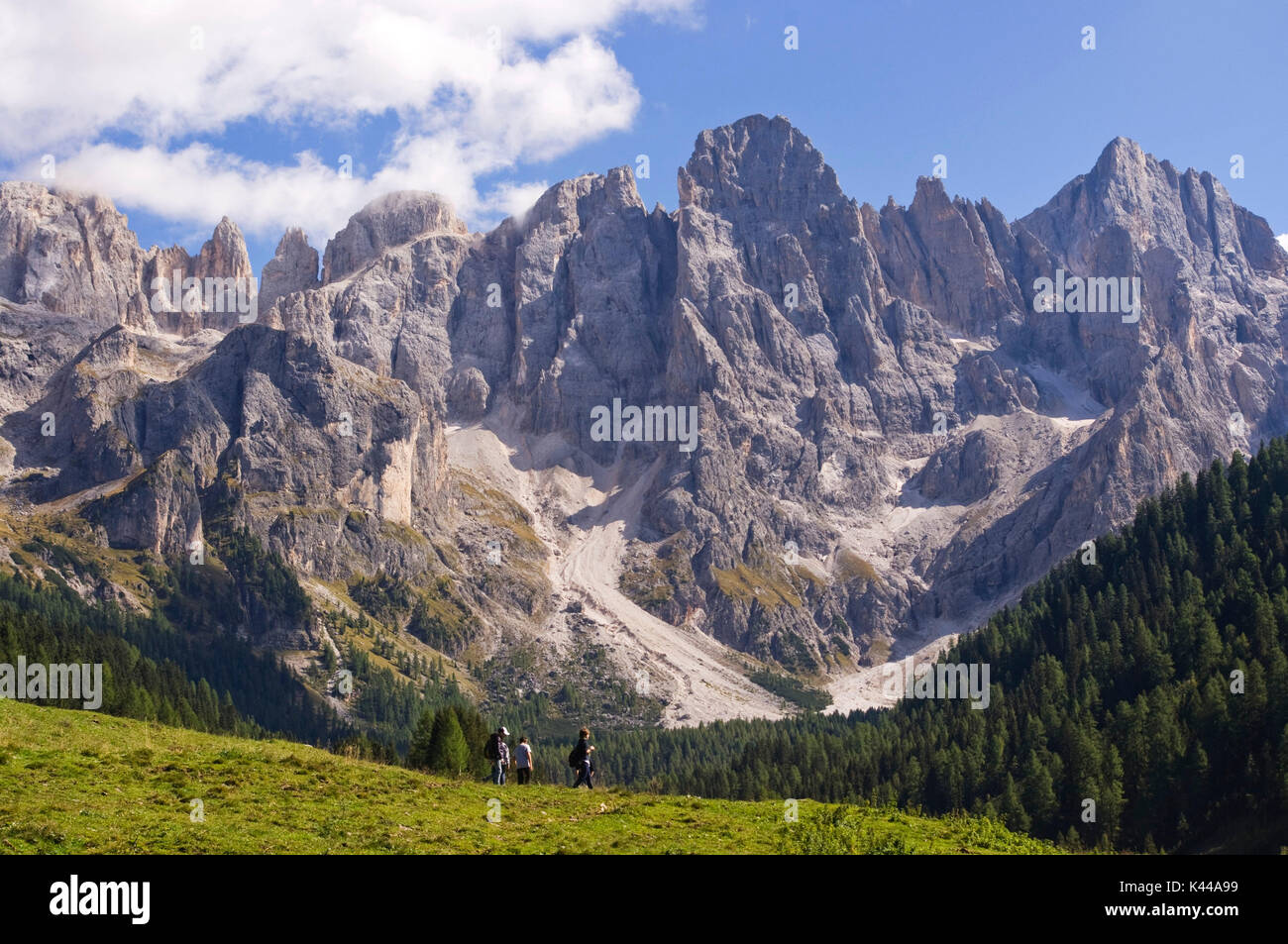 Europe, Italy, Trentino region, Trento district, Val Venegia. Landscape of St. Martino Pale and hikers. Stock Photo